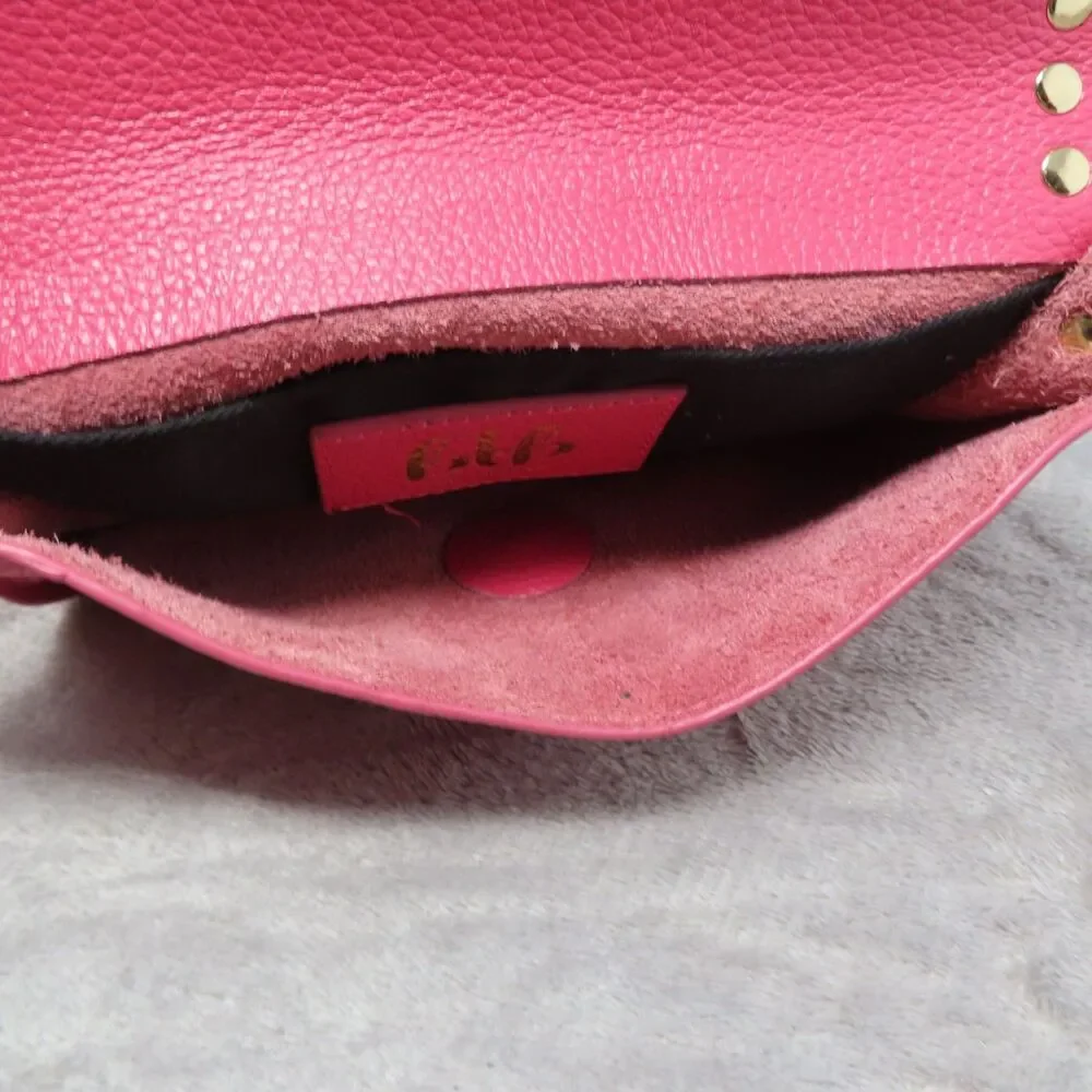 BTB Los Angeles Hot Pink Rocker Biker Styling Leather Gold Studded Crossbody Bag - Picture 14 of 16